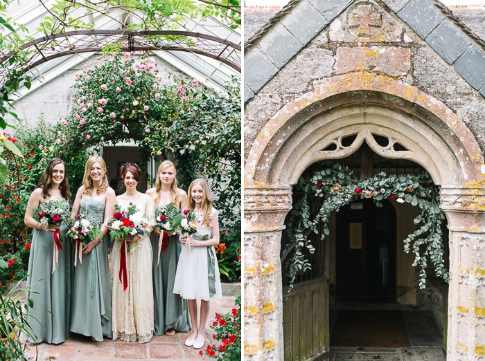 bride and bridesmaids with flowers at scorrier house wedding in cornwall